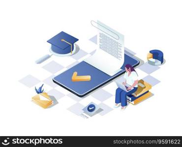 Learning management system concept 3d isometric web scene. People studying at online courses platform and using different software and training services. Vector illustration in isometry graphic design