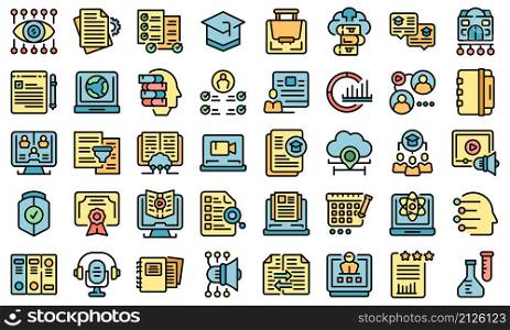 Learning management system icons set outline vector. Laptop machine. Online education. Learning management system icons set vector flat
