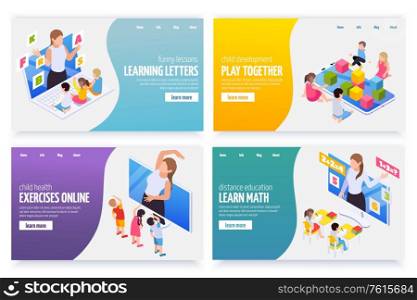Learning math letters gym exercises remotely online kindergarten games 4 distant education isometric web banners vector illustration