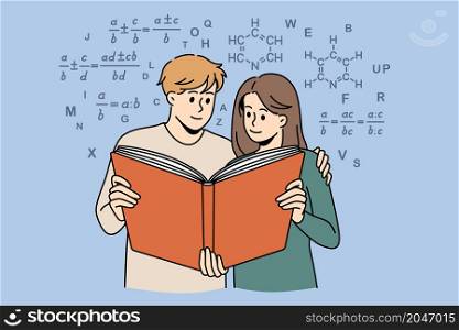 Learning mathematics and studying concept. Positive boy and girl students pupils standing reading together book about maths formulas preparing for exam vector illustration . Learning mathematics and studying concept.
