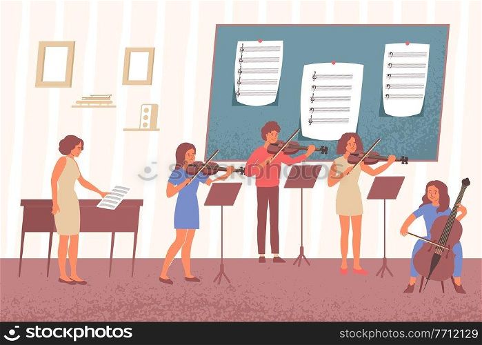 Learning music notes flat composition with indoor scenery of academic music class with desks and people vector illustration. Learning Music Notes Composition