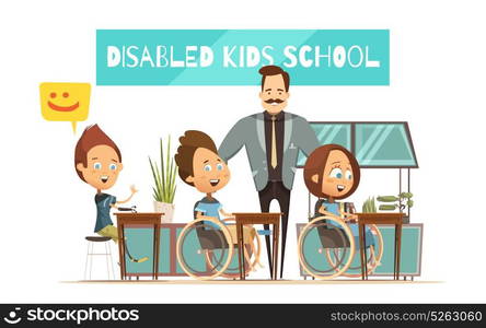 Learning Of Disabled Kids Illustration. Learning of disabled kids design with boys girl at desks and smiling teacher cartoon style vector illustration