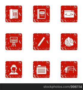 Learning online icons set. Grunge set of 9 learning online vector icons for web isolated on white background. Learning online icons set, grunge style