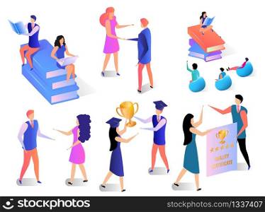 Learning People Set Isolated on White Background. Educational Infographics. Young Men and Women Studying, Gaining Knowledge, Get Quality Certificate. Education 3D Flat Isometric Vector Illustration.. Learning People Set Isolated on White Background.