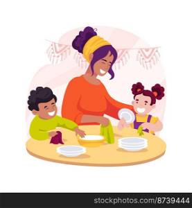 Learning practical skills isolated cartoon vector illustration. Adult shows how to clean table with cloth, daily life skills, practical learning, special education for children vector cartoon.. Learning practical skills isolated cartoon vector illustration.