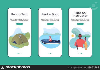 Learning to fish onboarding mobile app screen flat vector template. Hobby activity. Walkthrough website 3 steps with characters. Creative UX, UI, GUI smartphone cartoon interface, case prints set. Learning to fish onboarding mobile app screen flat vector template