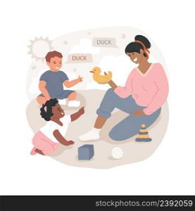 Learning to understand words isolated cartoon vector illustration Baby listening teacher speaking, infant development milestone, emotional expression, early education, daycare vector cartoon.. Learning to understand words isolated cartoon vector illustration