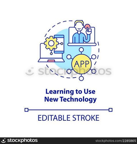 Learning to use new technology concept icon. Lifelong learning examples abstract idea thin line illustration. Isolated outline drawing. Editable stroke. Arial, Myriad Pro-Bold fonts used. Learning to use new technology concept icon