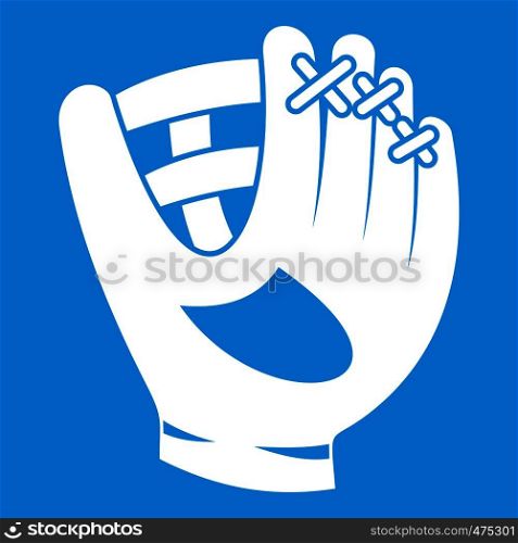 Leather baseball glove icon white isolated on blue background vector illustration. Leather baseball glove icon white