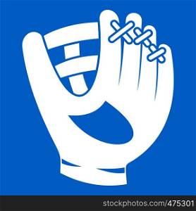 Leather baseball glove icon white isolated on blue background vector illustration. Leather baseball glove icon white