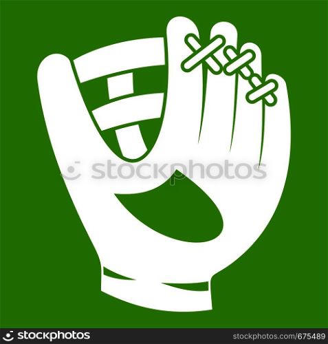 Leather baseball glove icon white isolated on green background. Vector illustration. Leather baseball glove icon green