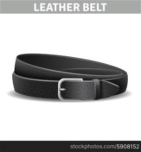Leather Belt Illustration . Black realistic curled leather belt with metal buckle isolated vector illustration