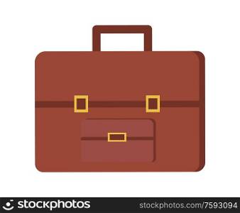 Leather briefcase, vector brown case with clasp isolated icon. Business luggage icon, portfolio sign, elegant personal retro valise with handle. Leather Briefcase, Vector Brown Case Isolated Icon