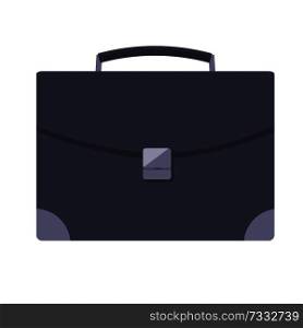 Leather briefcase with metal lock, bag for businessman vector illustration isolated on white background. Suitcase handbag male portfolio icon. Leather Briefcase with Metal Lock, Businessman Bag