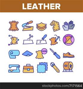Leather Cloth Material Collection Icons Set Vector. Leather Shoe And Bag, Belt And Gloves, Knife And Scissors, Sewed Needle With Thread Concept Linear Pictograms. Color Contour Illustrations. Leather Cloth Material Collection Icons Set Vector