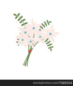 Leather fern foliage vector, decoration of springtime buds isolated icon. Bouquet tied with red thread, flora with leaves, frondage composition of flowers. Bouquet with Flowers and Filling Leather Fern