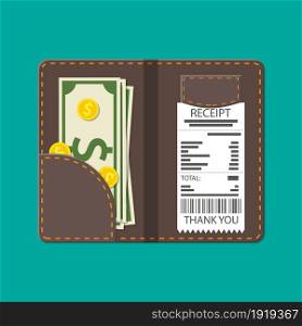 Leather folder with cash, coins and cashier check. Thanks for the service in the restaurant. Money for servicing. Good feedback about the waiter. Gratuity concept. Vector illustration in flat style. Leather folder with cash, coins and cashier check.