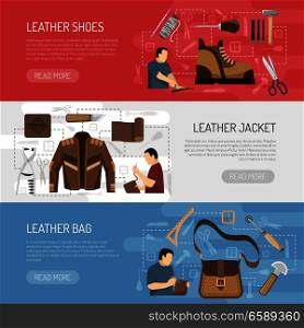 Leather goods horizontal banners with working tools and skinners making clothes  shoes and accessories flat vector illustration. Leather Goods Horizontal Banners
