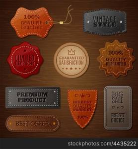Leather Label Set. Set of leather labels for clothes on a brown wood background in vintage style vector illustration