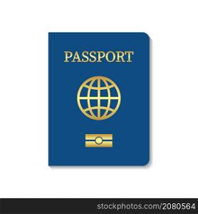 Leather passport cover with chip. Blue cover of passport citizen. Template of biometric international document. Golden globe. Icon for travel, citizenship and immigration. Vector.