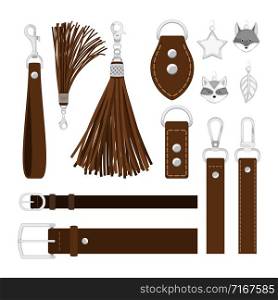 Leather tassels. Vector leather belts, metal buckles and carbines, steel pendants isolated on white background. Leather tassels isolated on white