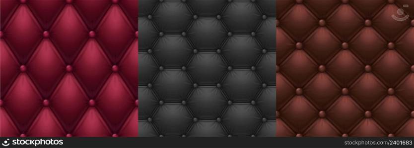 Leather texture, quilt sofa upholstery seamless background. Red, black and brown elegant buttoned fabric quilted with symmetric sewn buttons. luxury furniture trim samples, Realistic 3d vector set. Leather texture, quilt sofa upholstery background