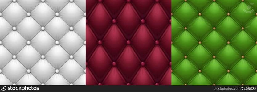 Leather upholstery textures, luxury sofa fabric. Vector realistic backgrounds, seam≤ss patterns of upholstered furniture, couch or chair surface. White, red and green sofa cover with buttons. Leather upholstery textures, luxury sofa fabric