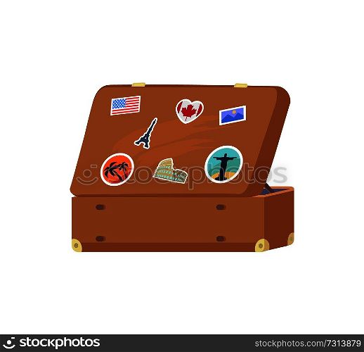 Leather vintage suitcase with decorative memories depicting flag of Canada, Brazil sightseeings, symbol of Paris and USA, Italy and tropical countries. Leather Vintage Suitcase with Decorative Memories