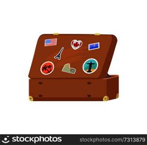 Leather vintage suitcase with decorative memories depicting flag of Canada, Brazil sightseeings, symbol of Paris and USA, Italy and tropical countries. Leather Vintage Suitcase with Decorative Memories
