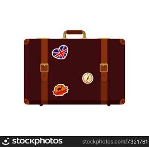 Leather vintage suitcase with decorative memory magnets depicting flag of Great Britain in heart shape, Egypt card with camel silhouette, retro clock vector. Leather Vintage Suitcase with Decorative Memories
