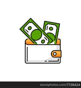 Leather wallet purse with paper money banknotes isolated flat line icon. Vector deposit or financial profit, buying and shopping sign. Leather purse with banknotes inside, symbol of financial income. Wallet with paper money isolated flat line icon
