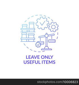 Leave only useful items blue gradient concept icon. Disposal things from house idea thin line illustration. Weigh decision about using items. Vector isolated outline RGB color drawing. Leave only useful items blue gradient concept icon