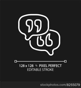 Leave opinion pixel perfect white linear icon for dark theme. Communication with client. Discussing product pros and cons. Thin line illustration. Isolated symbol for night mode. Editable stroke. Leave opinion pixel perfect white linear icon for dark theme