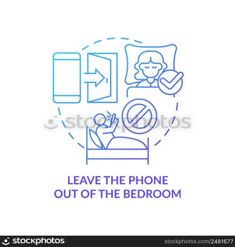 Leave phone out of bedroom blue gradient concept icon. Way to break social media addiction abstract idea thin line illustration. Isolated outline drawing. Myriad Pro-Bold font used. Leave phone out of bedroom blue gradient concept icon