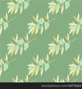 Leaves and berries seamless pattern on green background. Floral wallpaper. Botanical print. Decorative backdrop for fabric design, textile print, wrapping paper, cover. Vector illustration. Leaves and berries seamless pattern on green background. Floral wallpaper. Botanical print.