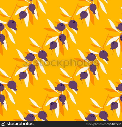 Leaves and berries seamless pattern on yellow background. Floral wallpaper. Botanical print. Decorative backdrop for fabric design, textile print, wrapping paper, cover. Vector illustration. Leaves and berries seamless pattern on yellow background. Floral wallpaper. Botanical print.