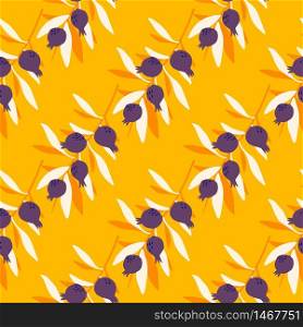 Leaves and berries seamless pattern on yellow background. Floral wallpaper. Botanical print. Decorative backdrop for fabric design, textile print, wrapping paper, cover. Vector illustration. Leaves and berries seamless pattern on yellow background. Floral wallpaper. Botanical print.