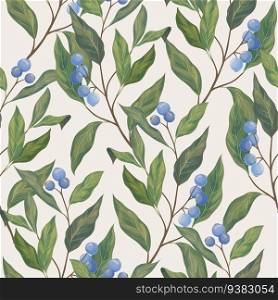Leaves and blue berryes seam≤ss pattern. Botanical folia≥vector wrapπng paper. Nature fashion texti≤ornament