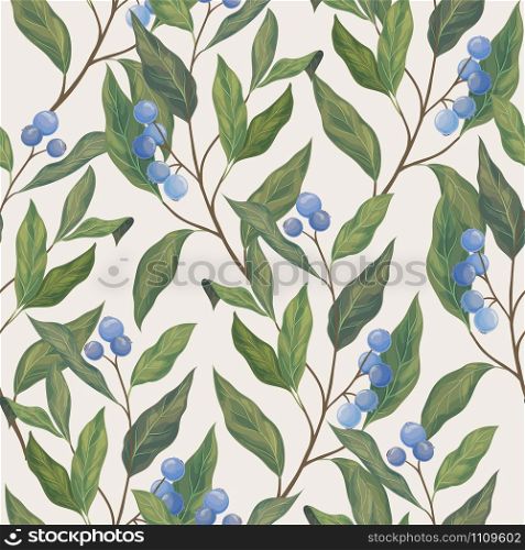 Leaves and blue berryes seamless pattern. Botanical foliage vector wrapping paper. Nature fashion textile ornament