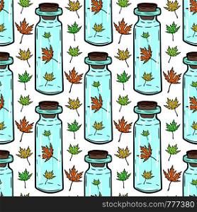 Leaves and bottles seamless pattern. Autumn background. Can be used for wrapping, textile, wallpaper and package design.. Leaves and bottles seamless pattern. Autumn background. Can be used for wrapping, textile, wallpaper and package design