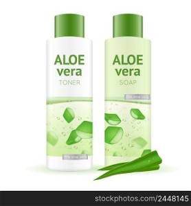 Leaves and bottles with aloe vera water toner and soap on white background realistic vector illustration. Aloe Vera Water Background
