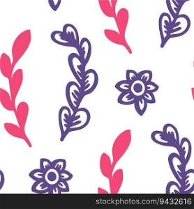 Leaves and branches with foliage, floral composition or ornament with botany and vegetation. Blooming and blossom design. Seamless pattern, wallpaper print or background. Vector in flat style. Blooming flowers and leaves, flora and stems print