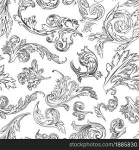 Leaves and flora seamless pattern, monochrome sketch outline of exotic flowers or blooming. Drawing of elegant leafage or foliage, wallpaper. Sophisticated petals and shapes, vector in flat style. Vintage floral leaves and shapes, wallpaper with foliage