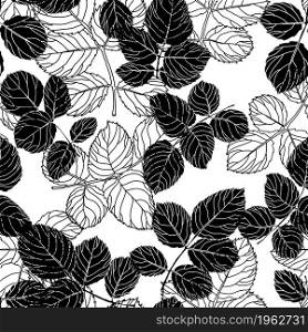 Leaves and floral ornaments, foliage motif silhouetted flora seamless pattern. Modern monochrome background with botany. Summer or spring season blossom and flourishing. Vector in flat style. Foliage and flowers, leaves silhouette pattern