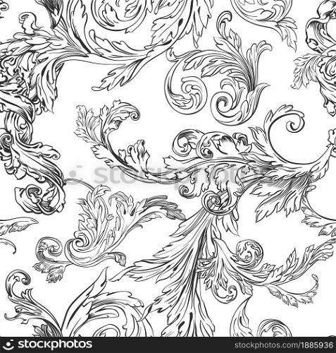 Leaves and flowering monochrome sketch outline, seamless pattern of vintage bouquet or decorative plant. Flora and foliage, florist colorless print or romantic retro wallpaper. Vector in flat style. Foliage and flora, vintage flowering monochrome seamless pattern