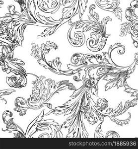 Leaves and flowering monochrome sketch outline, seamless pattern of vintage bouquet or decorative plant. Flora and foliage, florist colorless print or romantic retro wallpaper. Vector in flat style. Foliage and flora, vintage flowering monochrome seamless pattern