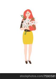 Leaves and flowers in bouquet vector, isolated woman holding daisy with leather fern filling. Female happy to get gift on international womens day. Woman Holding Bouquet of White Flowers with Leaves