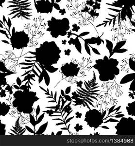 Leaves and flowers seamless pattern isolated hand drawn silhouettes of plants vector illustration