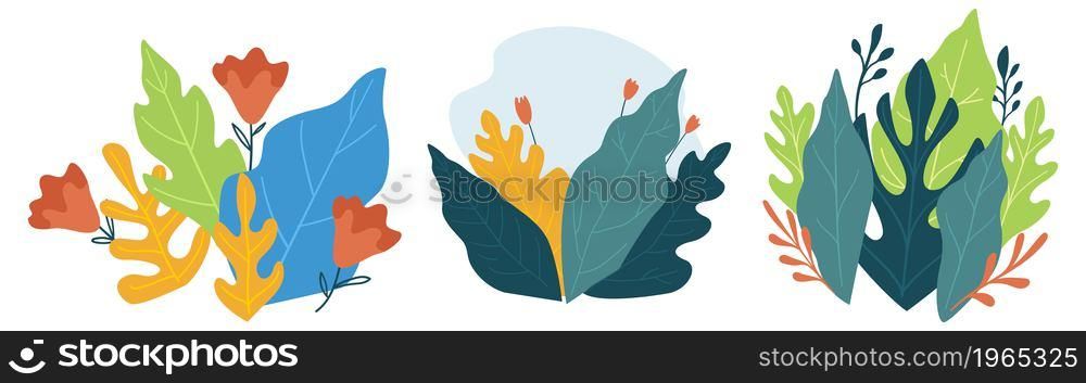 Leaves and foliage, bushes and bouquets of flowers with flourishing and spring blooming. Summer blossom with botany and biodiversity. Wildflowers for florist shop cards. Vector in flat style. Flowers and leaves, decorative blossom and bloom