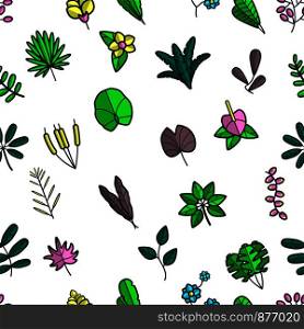 Leaves and foliage floral frondage seamless pattern vector. Flowering blossom and blooming, flowers of different types and shapes. Botanical elements used for decoration, isolated on white background. Leaves and foliage floral frondage, seamless pattern vector